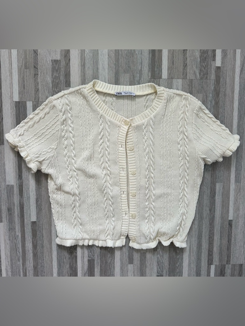 Zara Cream Cable-Knit Short Sleeve Cardigan size L